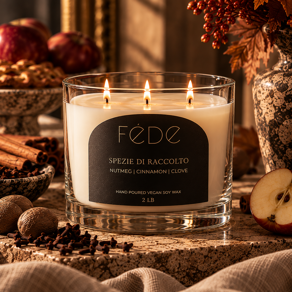 FÉDE Spezie di Raccolto 2 lb three-wick clear glass candle with cream wax, individual editorial product image