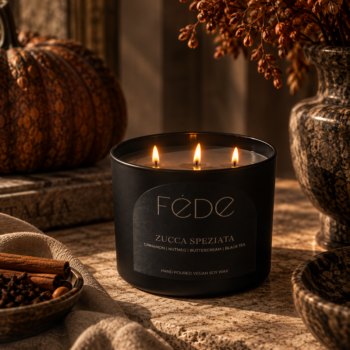 FÉDE Zucca Speziata 3-wick candle lit in an autumn editorial setting