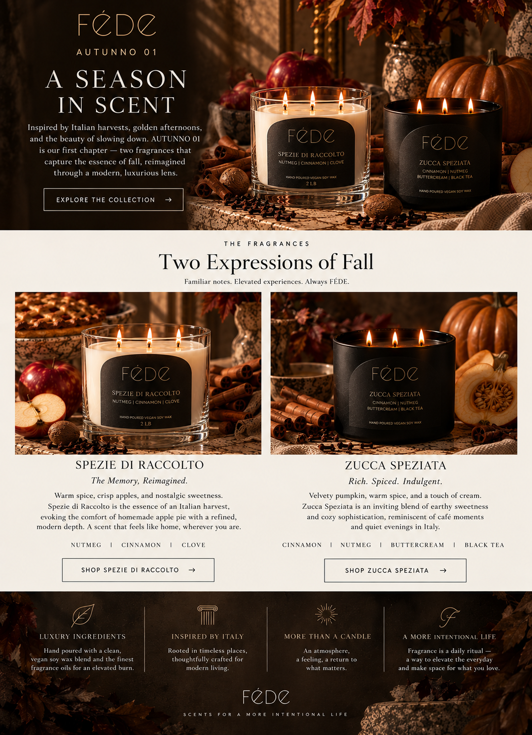 FÉDE AUTUNNO 01 collection featuring Spezie di Raccolto 2 lb three-wick clear glass candle and Zucca Speziata matte black candle
