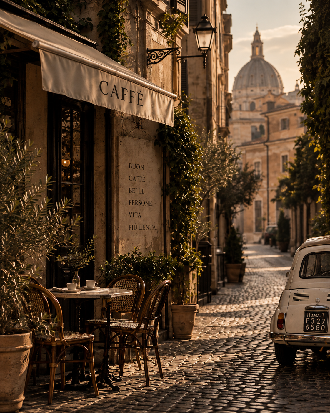 A narrow cobblestone street lined with café tables and potted plants, with a vintage white car parked on the right and a domed cathedral in the background.