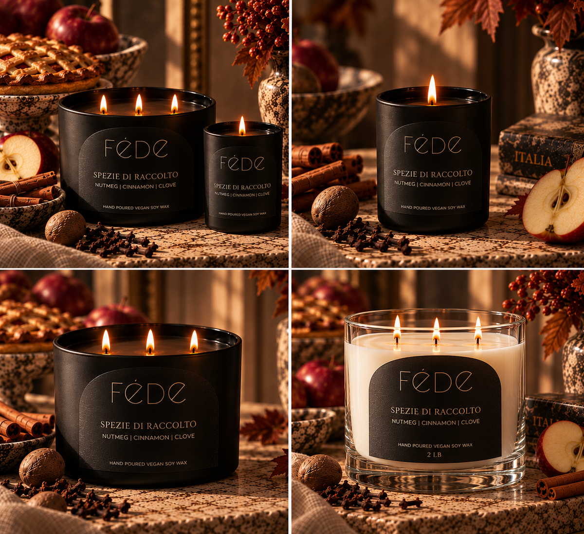 FÉDE Spezie di Raccolto 2 lb three-wick clear glass candle with cream wax and matching arched label